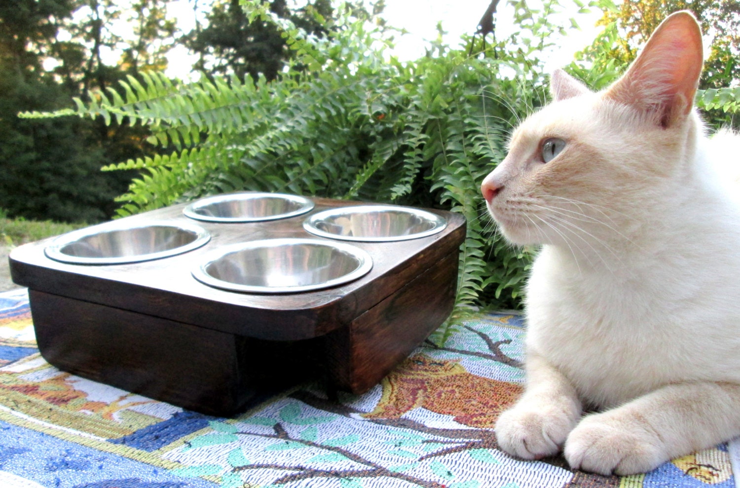 Handmade Raised Pet Table 4 Bowls Dinner for 2 by WoodyToolWorks