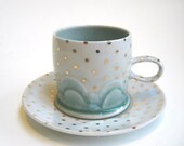 MADE TO ORDER Drippy Gold Polka Dot Cloud Cup and Saucer Set - SilverLiningCeramics