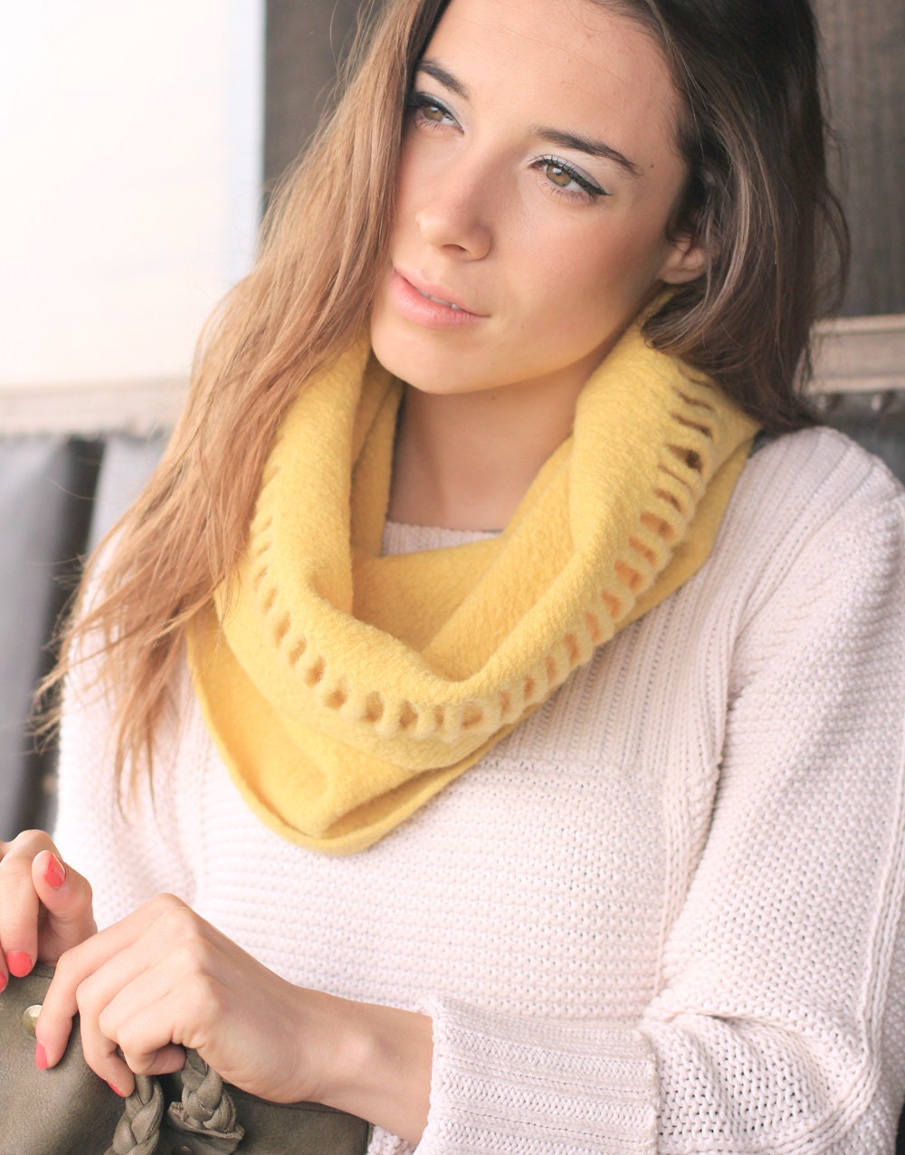 Yellow cowl scarf, Circle scarf, Sun yellow Neckwarmer, merino wool felt by Texturable