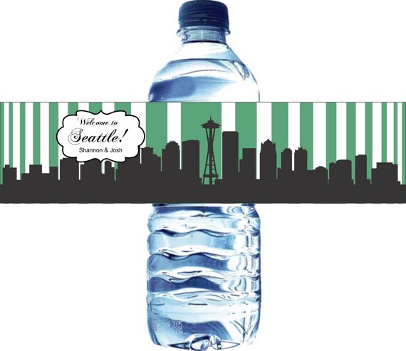 75 Seattle City Skyline Waterproof Water Bottle Labels - Printed labels with your wedding colors Il_570xn