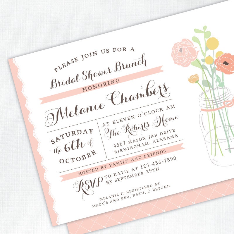Vintage Mason Jar Bridal Shower Invitation - pink, peach - PRINTED - Printable file also available Il_570xn