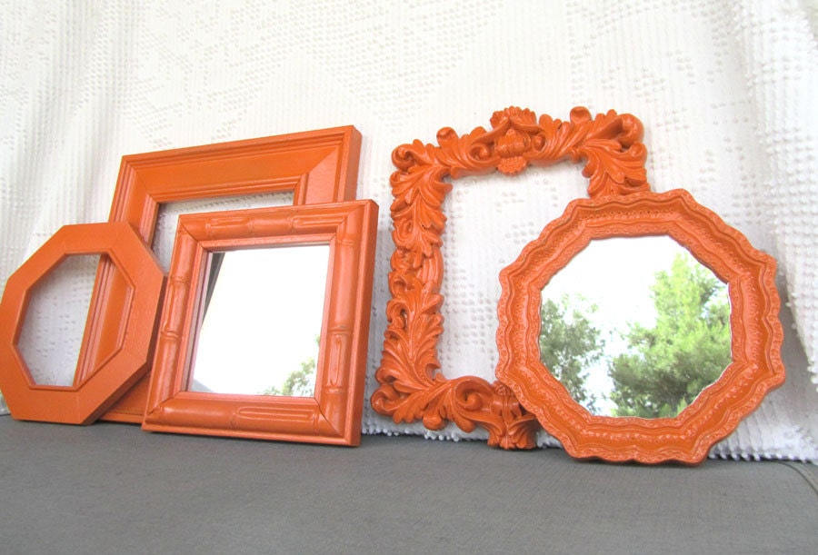 Orange Upcycled Frame and Mirror Collection set of 5 Painted Modern Homco Mirrors Mid Century Teen Dorm Room Playroom Orange Nursery - BeautiSHE