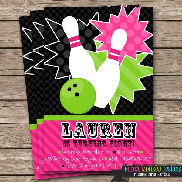 Diy Personalized Pink & Green Sport Bowling Inspired Birthday Party Digtial PRINTABLE 4"x6" Invitation Il_570xn