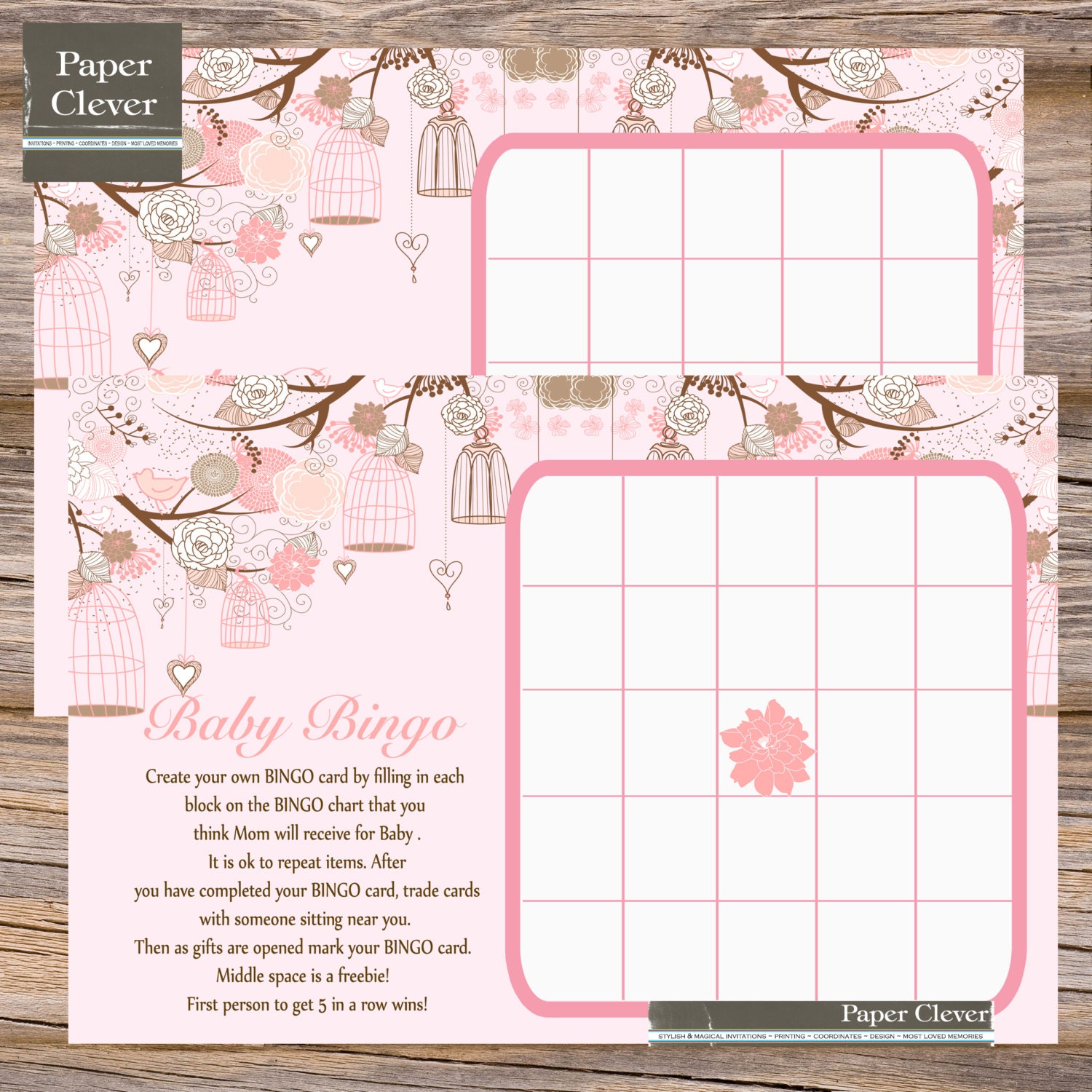 Baby shower bingo game, vintage birdcage, pink, girl - instant download #1207889 Il_570xn