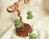Jewelry set green yellow circles and stripes earrings pendant delicate jewellery agate glass beads steel silver - AnetaMajzner