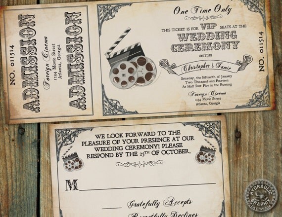 Movie Cinema inspired Film VIP Ticket Invitation for wedding with matching response card Il_570xn