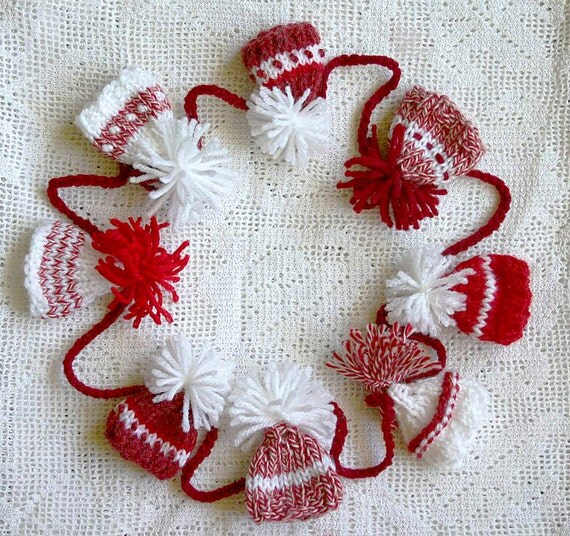 Red White Miniature Knit Hat Garland Made To by lauraprilltoo
