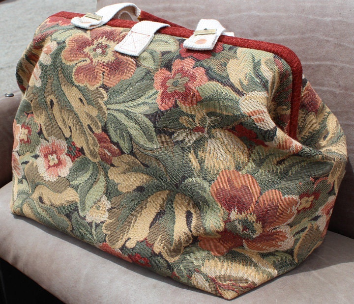 Floral Carpet Bag Or Mary Poppins Bag In Dusty Red Sage