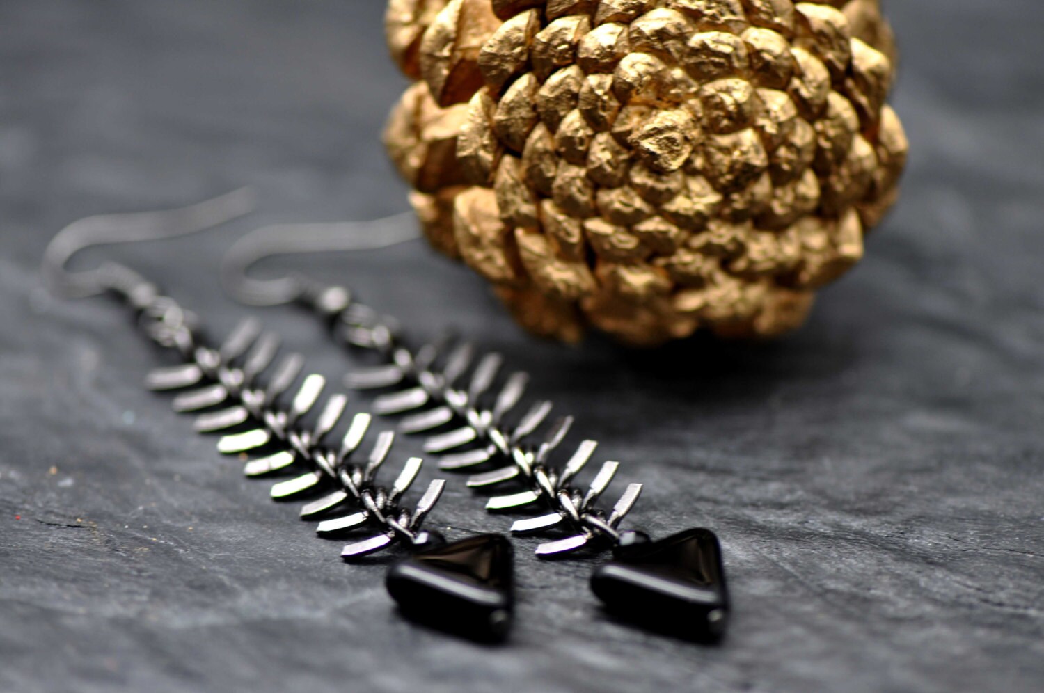 Gunmetal Fishbone earrings, made with triangular black czech glass beads - BBTAR