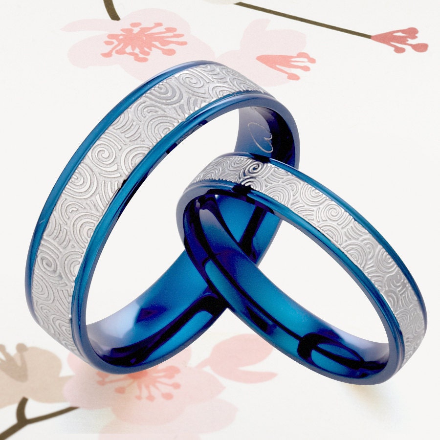 His and Her Promise Rings - Blue Wedding Titanium Rings Set