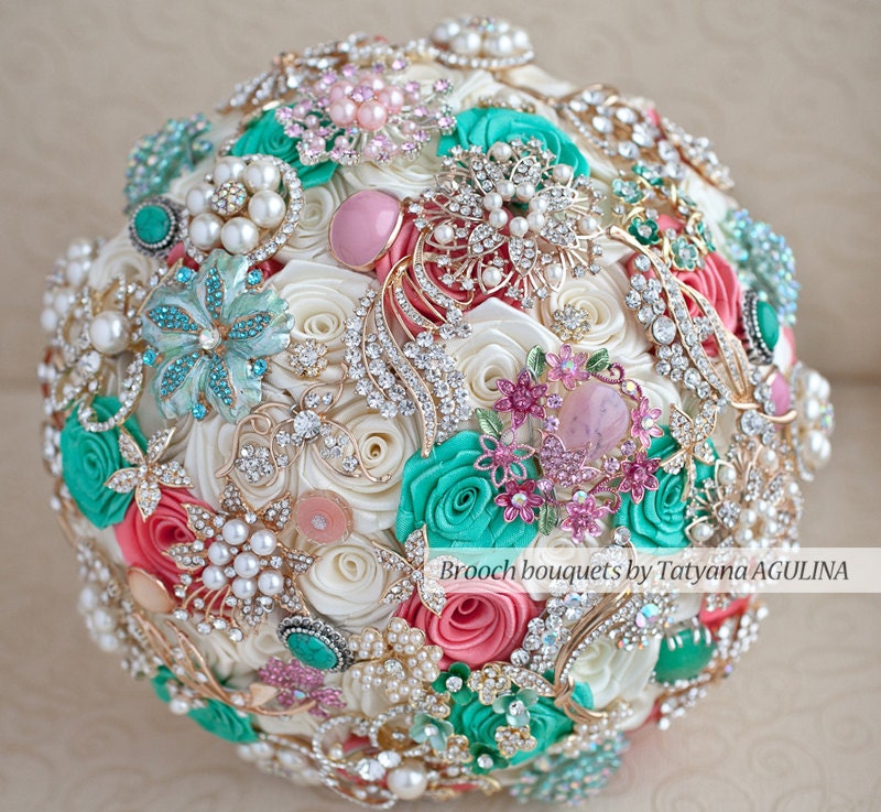 Brooch bouquet. Deposit on a Coral, Ivory and Mint wedding brooch bouquet, Jeweled Bouquet. Made upon request - MagnoliaHandmade Brooch bouquet. Deposit on a Coral, Ivory and Mint wedding brooch bouquet, Jeweled Bouquet. Made upon request - MagnoliaHandmade