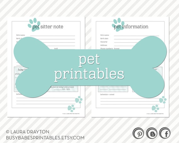 Pet Printables - Pet Information and Pet Sitter Note - INSTANT DOWNLOAD