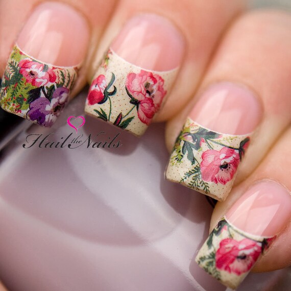 ... Rose French Nail Tips Water Transfer Decals Nail Art Wraps Y072