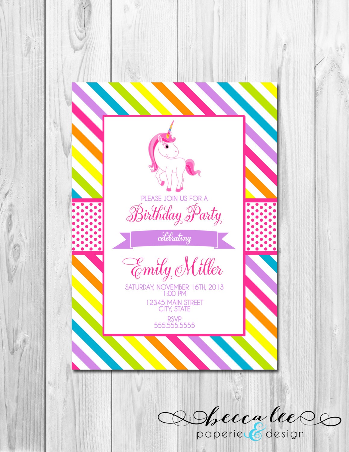 Rainbow Unicorn Party Invitation - Multi Bright Stripes - DIY - Printable Il_570xn