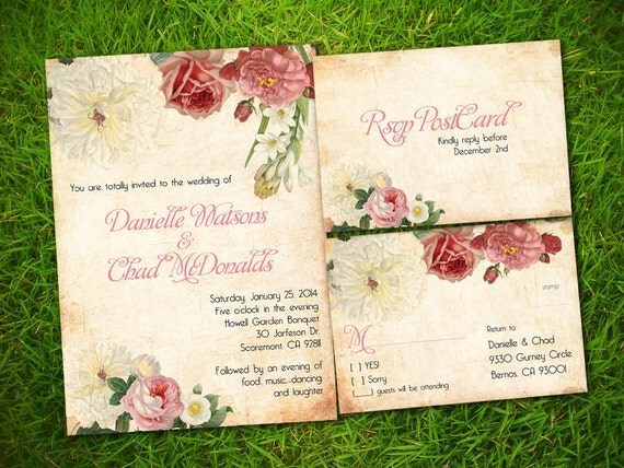 Свадебные приглашения и RSVP Card Suite - Старинный деревенский причудливый цветочные Персонализированные Двухсторонняя печать
