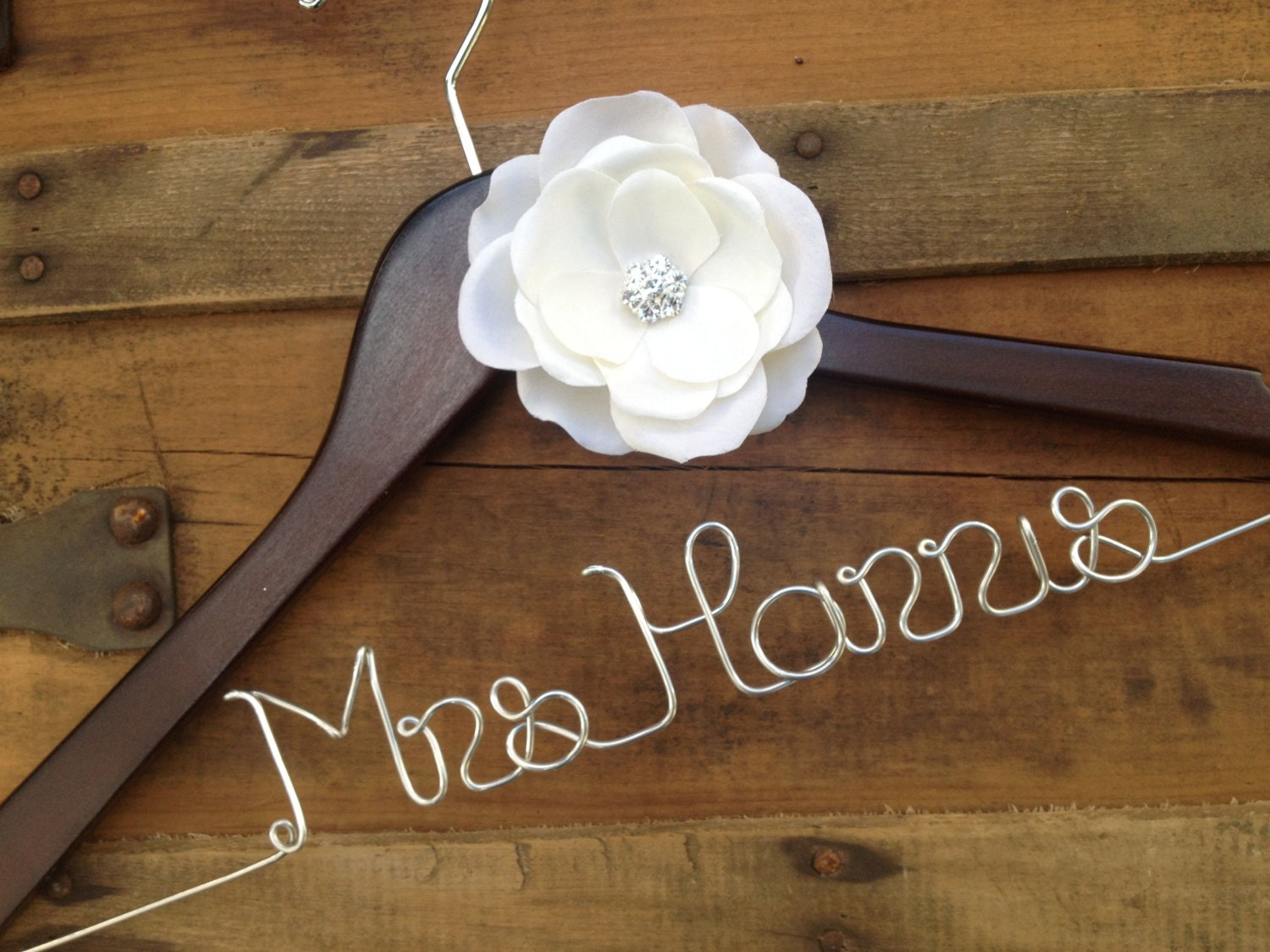 RESERVED FOR SARAH Personalized Wedding Hanger with Ivory Rhinestone Flower -Bride Hanger, Name Hanger, Wedding Hanger,Mrs Bridal Dress