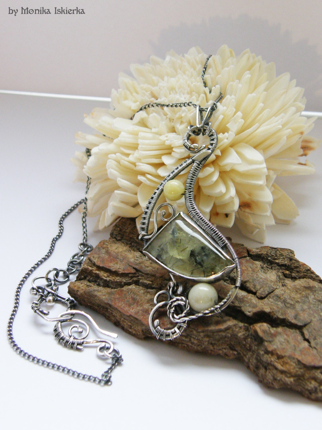 Enid- wire wrapped necklace, prehnite, sterling and fine silver, handmade