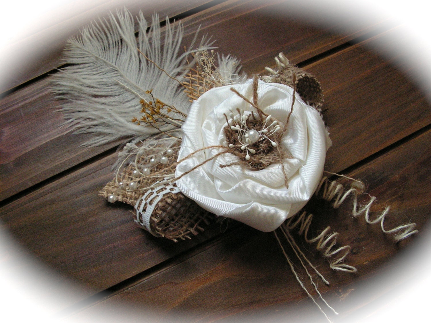 Burlap Boutonniere, handmade of white  silk, lace, feather  and natural burlap.