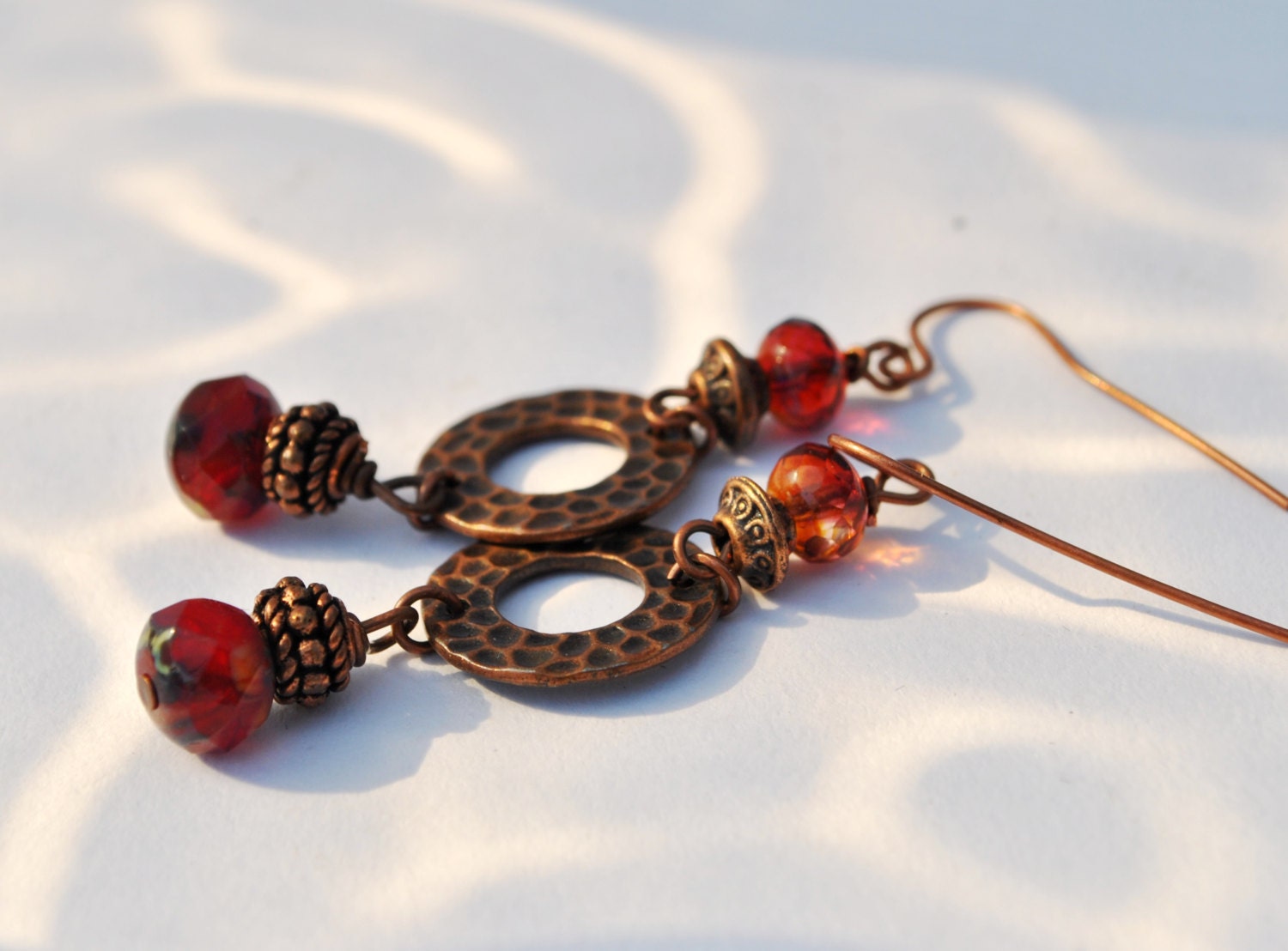 Sangria Red and Copper earrings with Czech glass beads and copper circles and copper beads - Beechtree