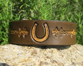 Hand Painted Tooled Leather Cuff Bracelet - 1 inch wide - Horse Shoe and Barbed Wire - Men Women Boy Girl Kids Children - SarahsArtistry
