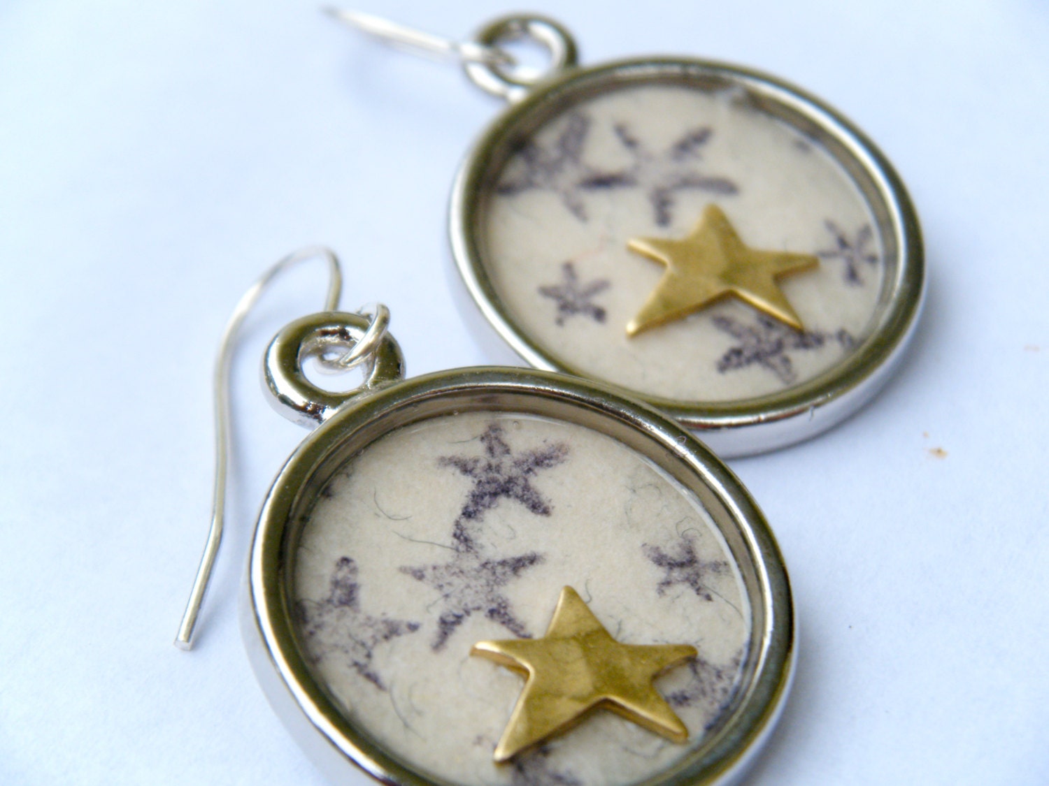 OOAK Silver Gold Star Earrings Dangle Recycled Materials Paper Hooks Circle Jewelry Upcycled Repurposed Brass Black Stamp Celestial Night - HeidiKindFinds