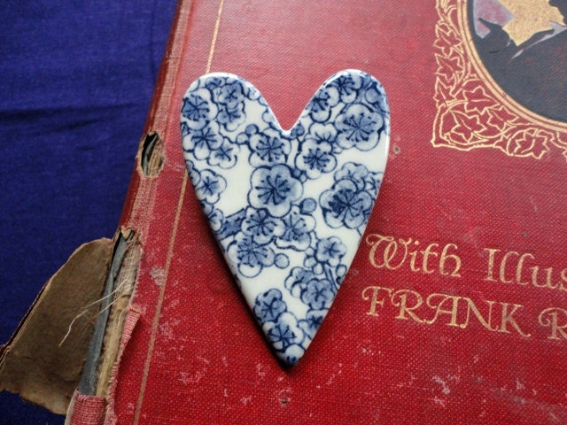 Ceramic Heart Brooch, Cherry Blossom Design