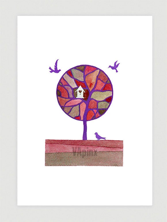 Tree print watercolor painting, birds, birdhouse, kids, nursery art, illustration A4 by VApinx - VApinx