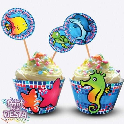 Under the Sea printable Cupcake Kit - fish, turtle, octopus, jellyfish, seahorse, crab, starfish, dolphin Il_570xn