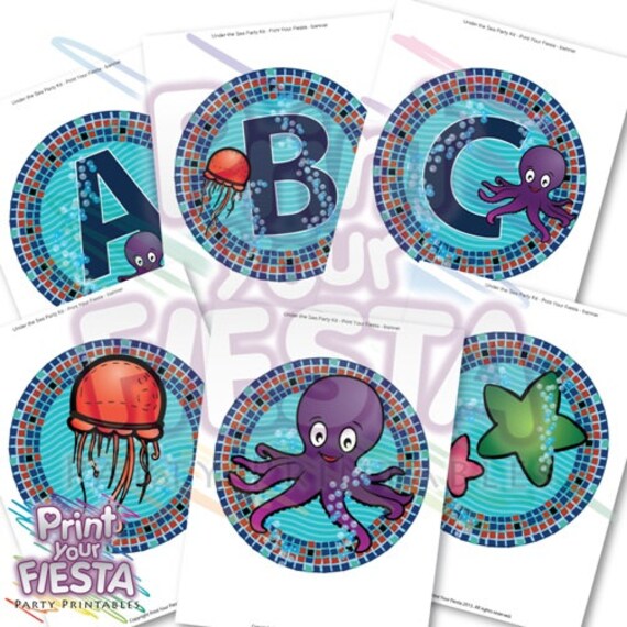 Under the Sea, sea animals banner - complete abc, 26 pennants and extras, jellyfish, sea horse, crab and more, create your own message Il_570xn