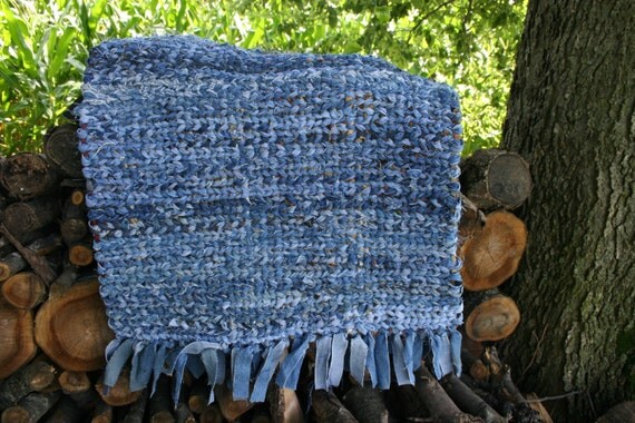 Hand Woven Rag Mud Rug Denim Blue Jean Rug Denim Rag Rug by Knitrx