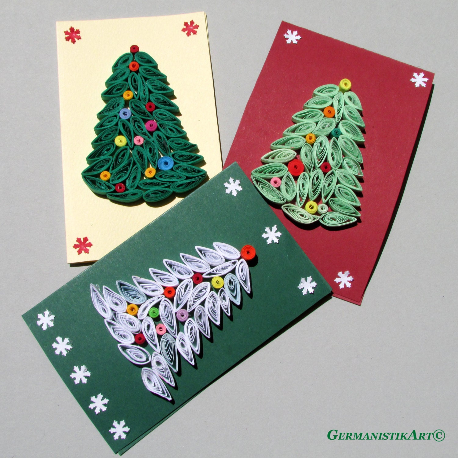 Christmas Quilling Set of 3 Quilled Paper Handmade Cards, with Christmas Tree Motifs - GermanistikArt