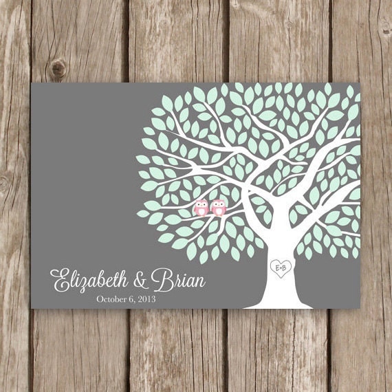 Guest Book Tree with Owls - Wedding Guestbook Tree in Grey - 175 Leaf Guestbook Poster