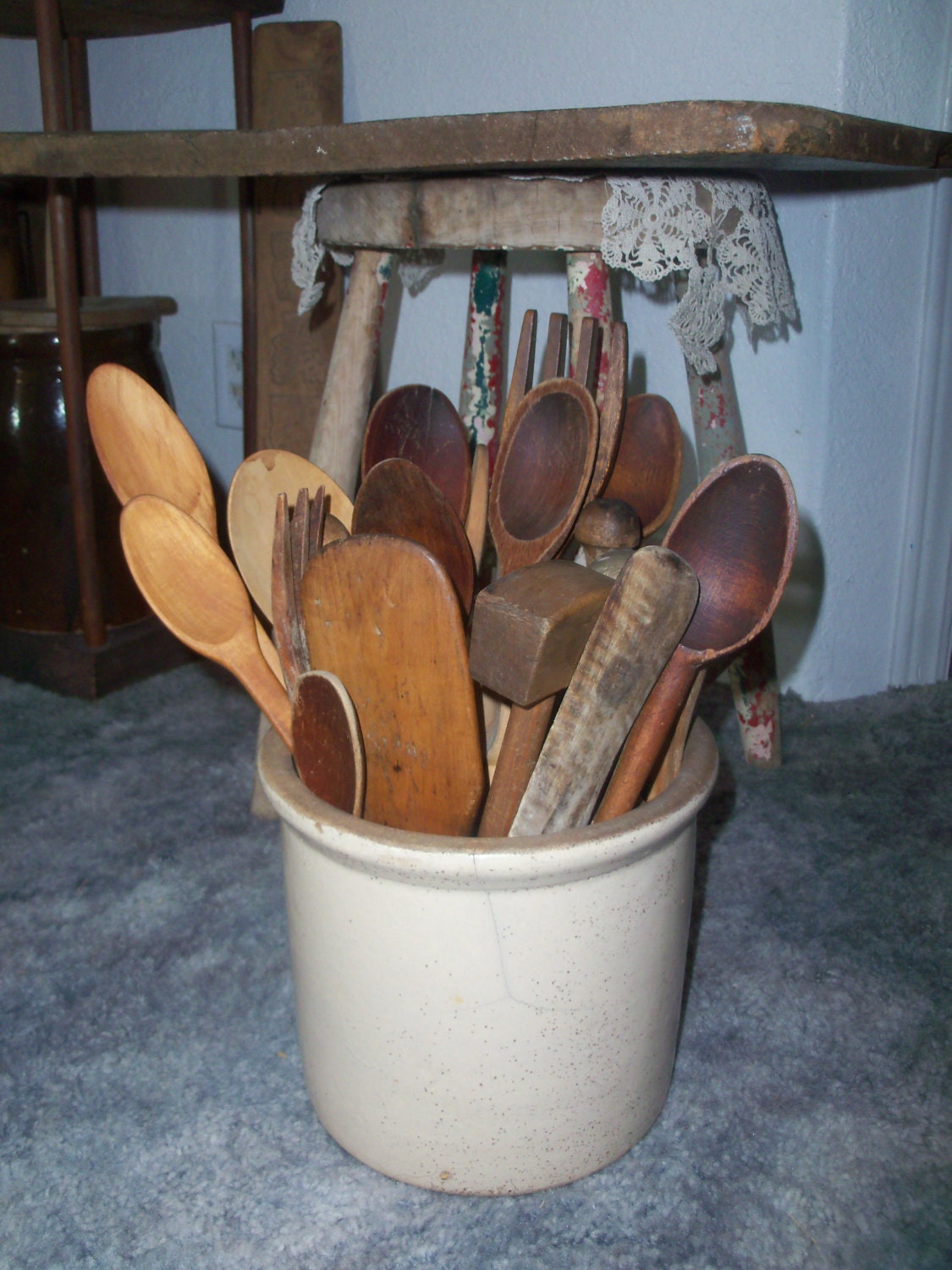 Large lot of 23 antique wooden kitchen utensils with old crock, old spoons,butter paddles,mashers and more - BLUEMOONPRIMITIVES1