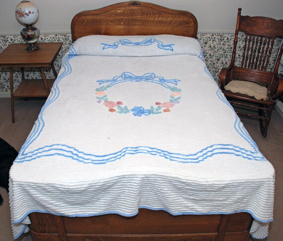 1950s Chenille Bedspread Vintage Flowers by LovelyLinensandMore