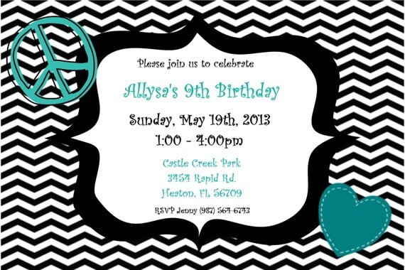 Black and White Chevron, Turqouise, Peace Sign, Hearts, Invitation Il_570xn