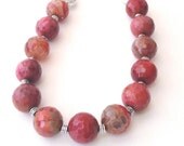 Chunky bold red Agate and silver tone chain gemstone necklace - LarisJewelryDesigns