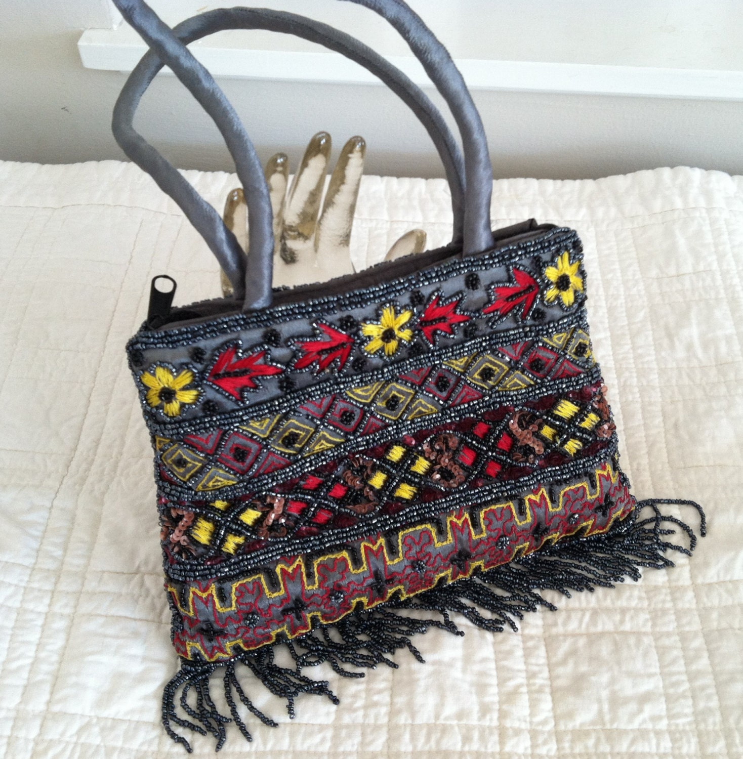 Brightly Colored Beaded and Fringed Dress Purse Satin Lined Gently Used - Nostalgicats