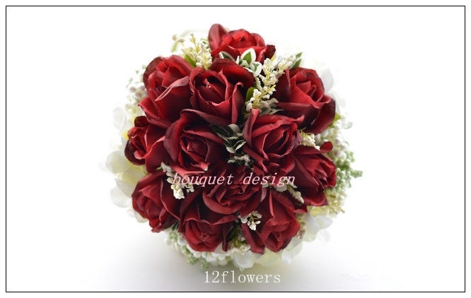 Bridal Bouquet, Wedding Bouquet,Silk Flower, fabric bouquet,wine red rose,burgundy rose,claret rose Silk Bridal Bouquet,hydrangea - bouquetdesign