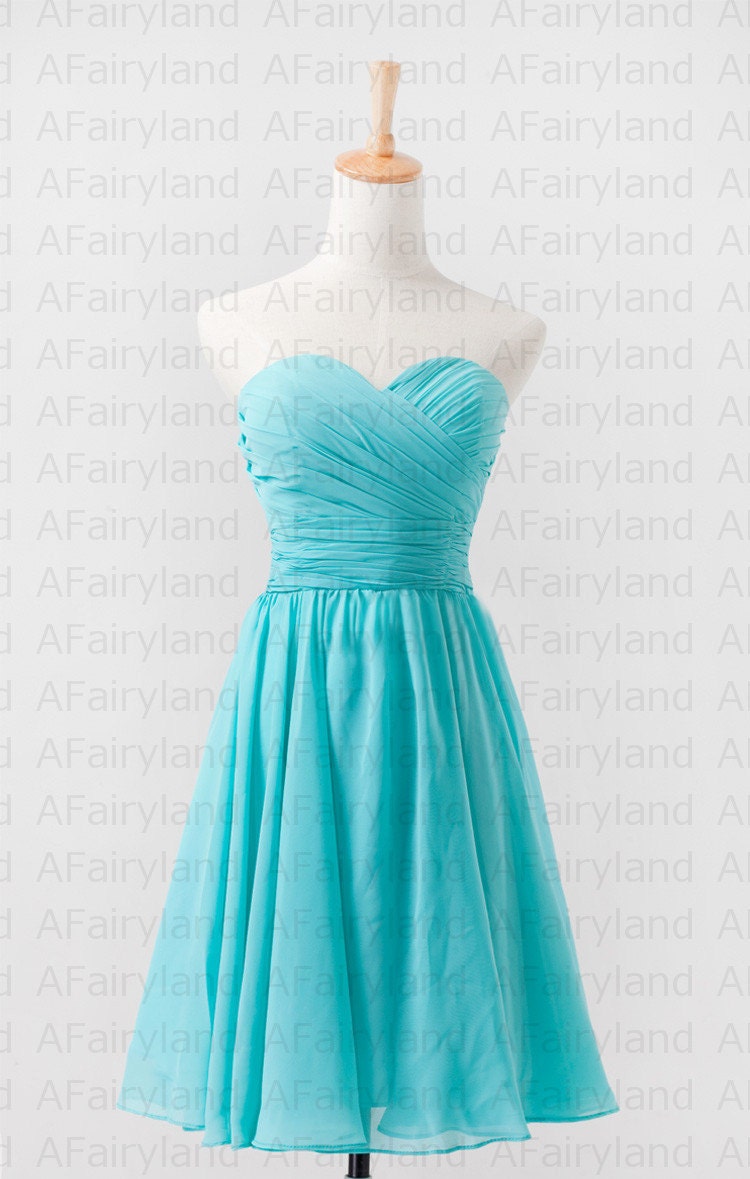 Chiffon bridesmaid dress party dress in knee-length/strapless/sweetheart neckline/aqua blue/light teal