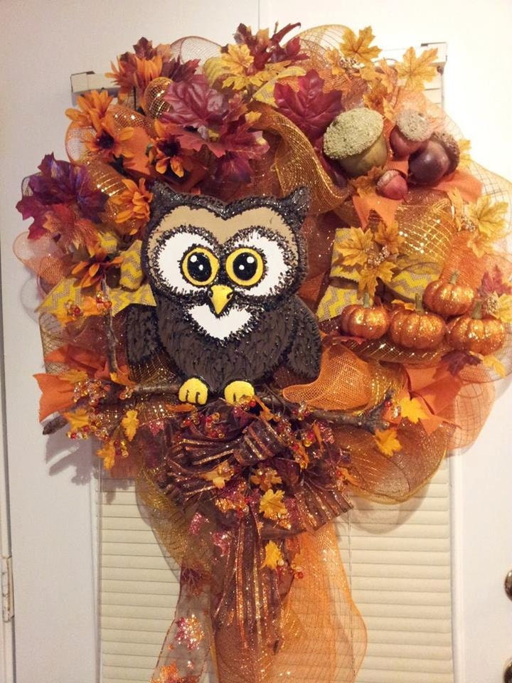 Fall weatherproof Door wreath. deco mesh and ribbon with acorns and pumpkins and owl - AutumnsOriginals