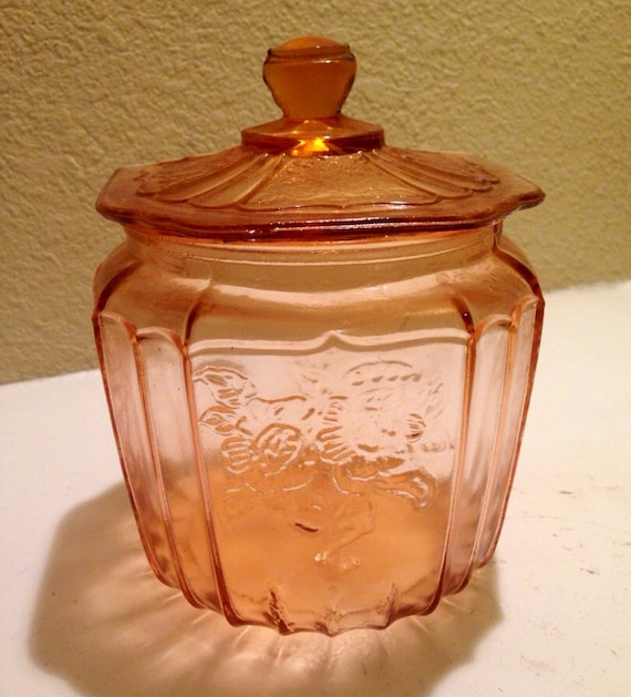 Pink Depression Glass Open Mayfair Rose Cookie Jar by dyllys