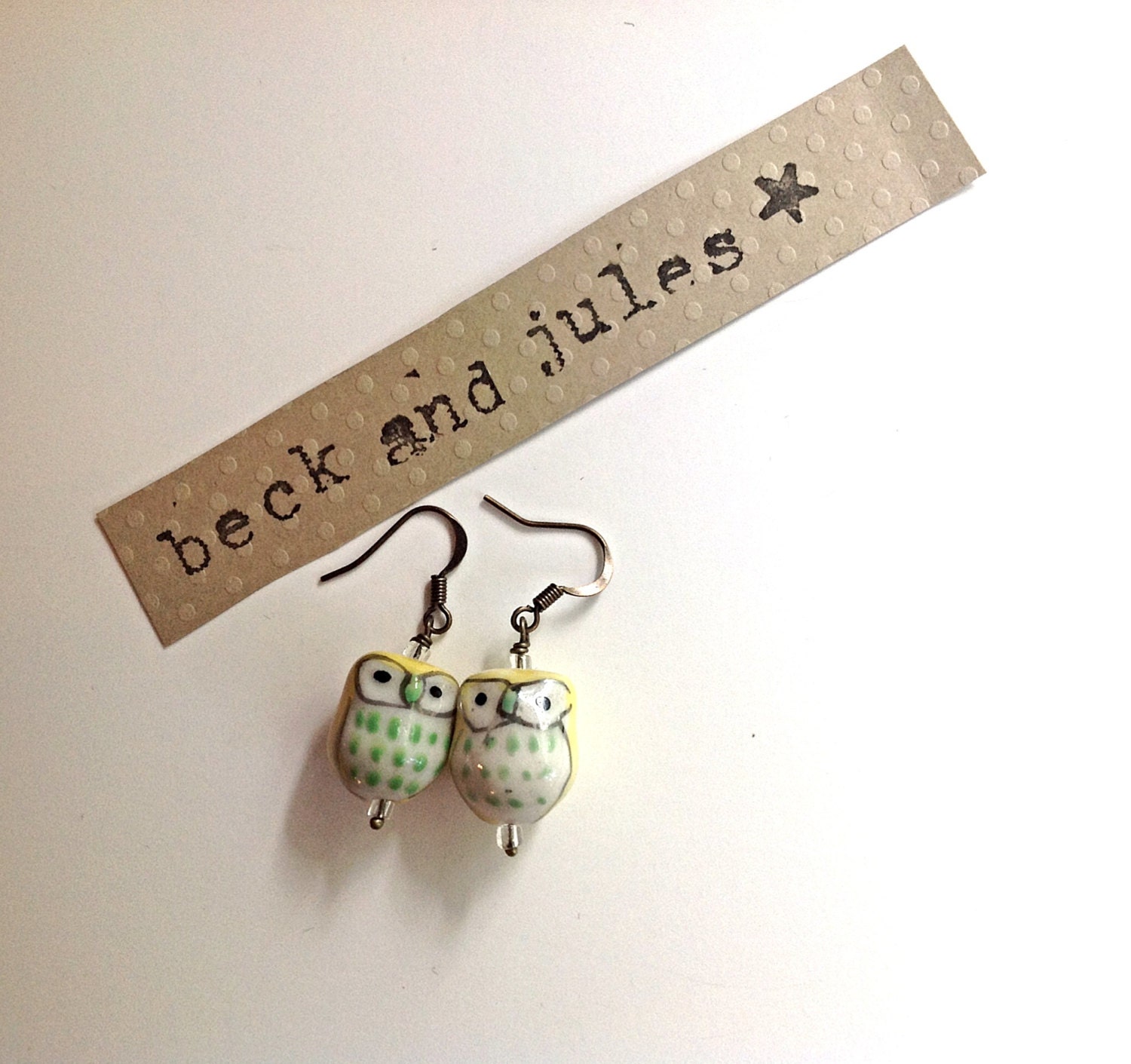 yellow and green owl earrings by beckandjules on Etsy