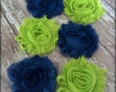 Shabby Chiffon fabric Flowers rosettes x6  LIME green and ROYAL blue  Vintage frayed look embellishments