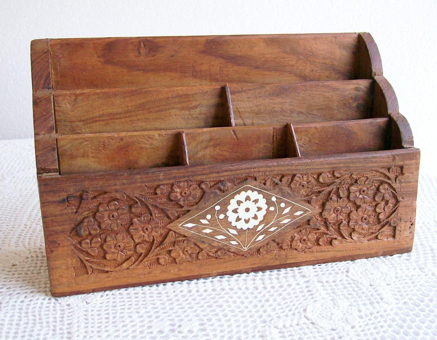Vintage Carved Wood Desk Organizer Letter by AletaFordBakerDesign