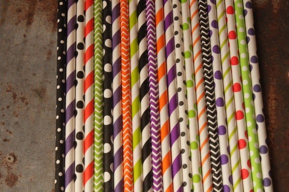 Halloween Party Straws - Set of 30 - black, lime green, purple, orange, dots, stripes, chevron Il_570xn