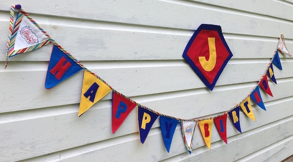 happy birthday pennant banner - superhero birthday party decoration - reusable ecofriendly party banner Il_570xn