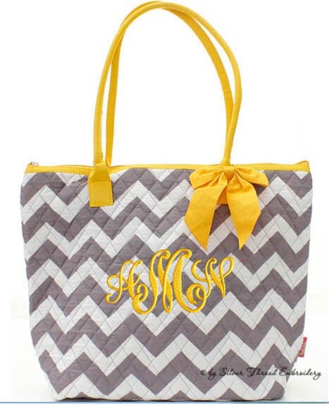 Personalized Tote Bag Chevron Gray Yellow Dance Cheer Gym Quilted