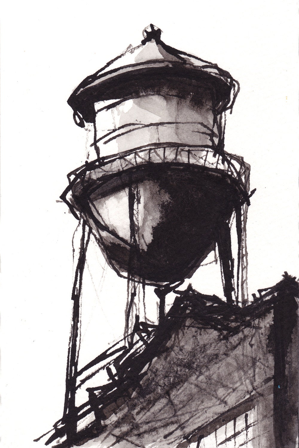 Items similar to Pen and Ink Sketch Drawing NYC Water Tower Black and