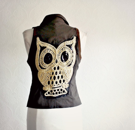 Women's Owl Vest Dark Brown Upcycled Clothing Green Plaid Gold Buttons