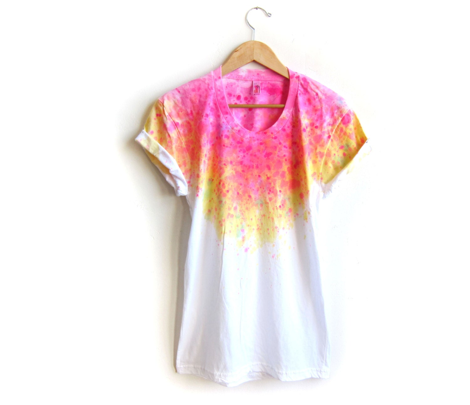 The Original "Splash Dyed" Hand PAINTED Scoop Neck Pinned Rolled Cuffs Tee in White Spectrum Acid Pink - S M L XL 2XL 3XL